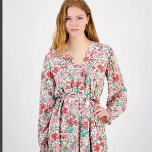 Tommy Hilfiger Women's Floral-Print Shirtdress Red and Green. Long Sleeve. Sz L